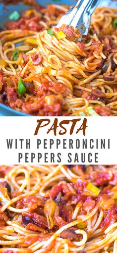 pasta with pepperoni and peppers sauce in a skillet being stirred by a spatula