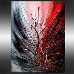 an abstract painting with red, white and black colors