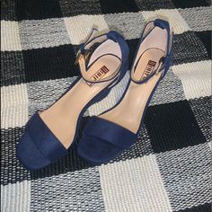 Brand New Navy Blue Heels. Blue Sandals With Low Stacked Heel, Blue Low Heels With Stacked Heel, Blue Ankle Strap Heels With Stacked Heel, Chic Blue Low Heel Shoes, Chic Blue Low Heel Heels, Blue Ankle Strap Heels With Medium Width, Blue Ankle Strap Heels Medium Width, Blue Heels With Ankle Strap, Blue Heels With Ankle Strap Medium Width