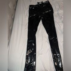 Never Worn. Great Condition. Trendy Shiny Black Bottoms, Chic Fitted Shiny Black Bottoms, Chic Shiny Black Bottoms, Chic Shiny Black Party Bottoms, Vinyl Pants, Glitter Pants, Olive Green Jeans, Brown Leather Pants, Floral Joggers