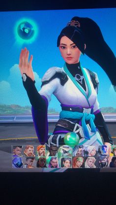 an image of a woman holding her hands up in front of a tv screen with avatars on it