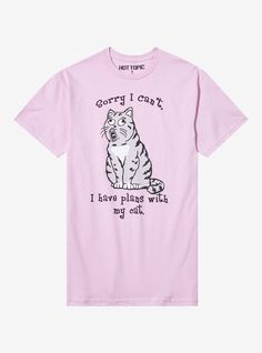 We can relate to this shirt! It is pastel pink with a graphic of a cat with a funny mouth  and text reading "Sorry I can't  I have plans with my cat."100% cottonWash cold; dry lowImportedListed in men'sunisex sizes Pink Funny Graphic Print T-shirt, Funny Pink T-shirt For Streetwear, Funny Pink Streetwear T-shirt, Trendy Pink Cat Print T-shirt, Funny Pink T-shirt With Slogan, Pink Funny Print T-shirt, Pink Cat Print Graphic Tee, Pink Graphic Tee With Cat Print, Casual Pink T-shirt With Cat Print