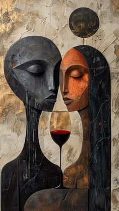 an abstract painting with two faces and a glass of wine