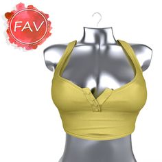 a female mannequin wearing a yellow top with the word fav on it