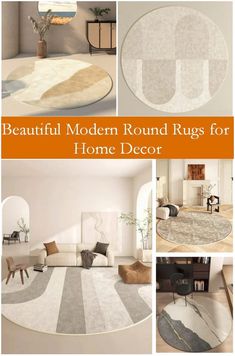 beautiful modern round rugs for home decor in various styles and colors with text overlay that reads beautiful modern round rugs for home decor