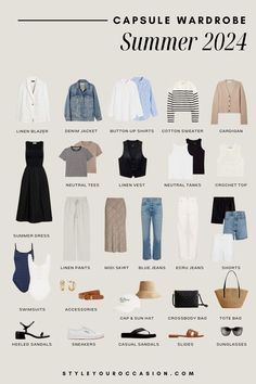 Looking for a Summer Capsule Wardrobe for 2024? This minimal and casual capsule wardrobe for summer is easy to create & great for warm weather! Whether you’re looking for light, soft, European, or casual summer capsule wardrobe ideas, we have everything you need to build the perfect minimalist summer wardrobe for women and create casual and chic women’s summer outfits. Summer outfits 2024 trends Summer Business Casual Capsule Wardrobe, Midsize Summer Capsule Wardrobe, Summer Work Wardrobe Capsule, France Capsule Wardrobe Summer, Capsule Europe Summer, Womens Capsule Wardrobe 2024, London Summer Capsule Wardrobe, Light Summer Style Outfit, Preppy Capsule Wardrobe Summer