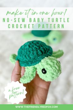 a crocheted turtle is shown with the text make it one hour no sew baby turtle crochet pattern