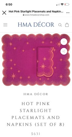 a pink paper with stars on it and the words i'm a decor hot pink starlight placemats and napkin set of 3