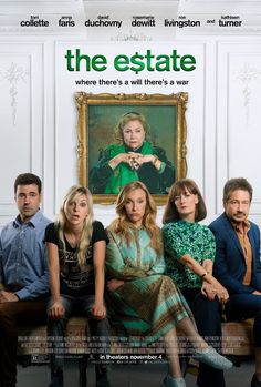 the estate movie poster with four people sitting on a couch in front of a painting