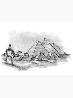 a drawing of a man on a camel in front of pyramids