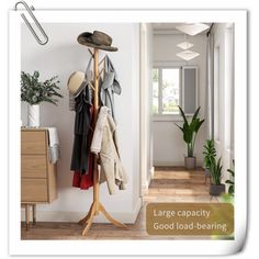 there is a coat rack with hats and coats hanging on the clothes hanger next to it