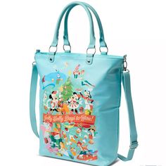 Nwt- Disney Classics Christmas Tote Bag. Holiday Tote Bag Includes Santa Mickey Mouse, Mrs. Santa Minnie Mouse, Donald Duck, Daisy Duck, Huey, Dewey, Louie, Goofy, Pluto, Chip 'N Dale, Tinker Bell, Peter Pan, Alice, Cheshire Cat, Genie, Dumbo, Bambi, Thumper, Pinocchio, Jiminy Cricket, Simba And Stitch. Zipper Closure. Two Handles And Detachable, Adjustable Shoulder Strap. Measurements: Approx. 16'' H X 13 1/4'' W (At Top, 11'' W At Bottom) X 4'' D Disney Blue Shoulder Bag For Travel, Blue Disney Bags For Gifts, Cute Blue Bag For Disney Fan Events, Disney Style Shoulder Bag For Everyday Use, Tinker Bell Peter Pan, Cat Genie, Alice Cheshire Cat, Santa Mickey, Bambi Thumper