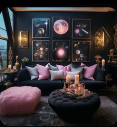 Glam Maximalist Living Room, Sapphire Room Aesthetic, Pink Gothic Living Room, Airbnb Decor Room Ideas Theme, Gothic Chic Living Room, Black Home Interior Aesthetic, All Pink Decor, Pink Celestial Bedroom, Dark Feminine Aesthetic Home