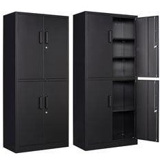 two black metal storage cabinets with doors open and shelves on each side, both closed