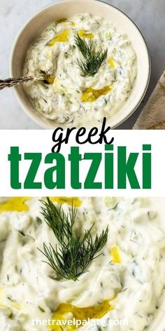 greek tzatzziki dip in a white bowl with dill sprinkled on top