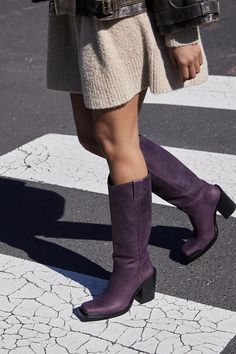 shoes; heels; clogs; loafers; platform; platform heels; trendy shoes; boots; free people; tall boots; Jeffrey Campbell; purple; coastal cowgirl boot; Heels Trendy, 70s Boots, Loafers Platform, Glamourous Heels, Upcoming Fashion Trends, Blue Suede Boots, Fall Boots Outfit, Colored Boots, Purple Boots