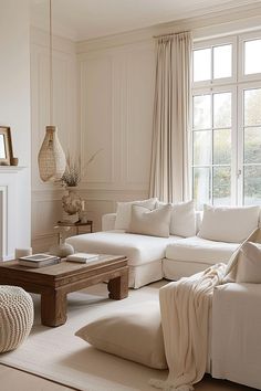 a living room filled with furniture and a fire place in front of a large window