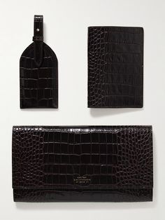 EXCLUSIVE AT NET-A-PORTER. Smythson's 'Mara' travel set comes equipped with everything needed to keep you organized for your next vacation. Crafted from glossy croc-effect leather, it includes a passport holder, luggage tag and clutch with dedicated compartments for your tickets, passport and other necessary documents. Elegant Brown Travel Accessories, Leather Tags, Room Fragrances, Skincare Tools, Travel Set, Fine Earrings, Luggage Tag, Beauty Accessories, Leather Clutch