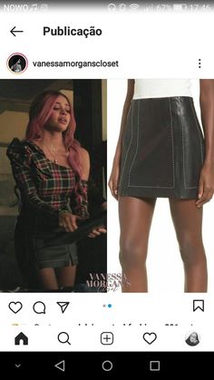 a woman with pink hair is wearing a skirt