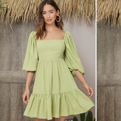 Brand New, Green Lantern Sleeve Square Neck Midi Dress, Xs Below The Knee Dresses Classy, Cute Dresses Casual Classy Knee Length, Stylish Short Dresses Summer Outfits, Shein Summer Dress, Simple Knee Length Dress, Casual Sundress Outfit, Classy Dress Outfits Simple, Trendy Short Dresses, Sweet Dresses Casual