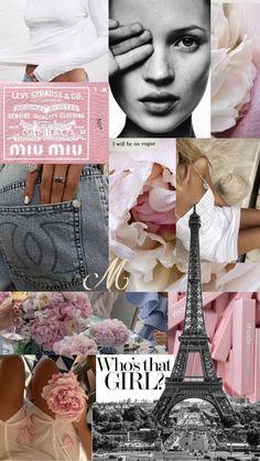 a collage of photos with the eiffel tower in paris, france and pink flowers