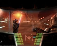 a scene from the video game star wars, with two people holding lightsabes