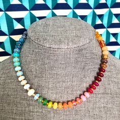 These fun, trendy, rainbow gemstone necklaces are great to wear all summer and makes an original gift. It adds a pop of color to outfits too. Choose from styles 1-10. Each one is truly unique, but made as close as possible to the photos. It's REVERSIBLE: wear with lock in the back or in the front and add a charm! You can attach a different necklace for a longer look. Bracelet colors are random, but if ordered with a necklace set, will try to coordinate colors. Message to customize your own or ad Rainbow Necklaces With Spacer Beads For Jewelry Making, Rainbow Faceted Beads Necklace For Gift, Trendy Multicolor Single Strand Jewelry, Adjustable Rainbow Crystal Necklace With Faceted Beads, Adjustable Rainbow Jewelry For Everyday, Rainbow Round Bead Adjustable Necklace, Adjustable Rainbow Round Bead Necklaces, Rainbow Spacer Beads Jewelry As A Gift, Trendy Rainbow Round Beads Jewelry