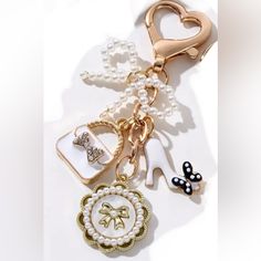 Bag Charm Bow Purse Heel Themed Key Chain White Bch-450 Bch-451 Bch-488 Chanel Canvas Bag, Eiffel Tower Keychain, Chanel Charm, Car Hanging Accessories, Bow Purse, Protection Bag, Set Ideas, Accessories Bag, Car Hanging