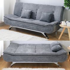 two photos of a grey couch with pillows on it and the same one in different positions