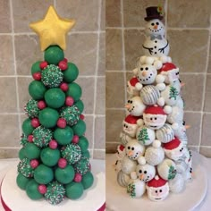 two cakes made to look like christmas trees with snowmen on top and green balls in the bottom