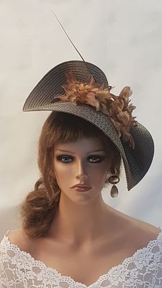 Large Brown Hat Fascinator with long Quill Feather and Flowers, perfect for Royal Ascot, Kentucky Derby, Weddings Goodwood revival, Christening, Ascotor any special occasion. Gorgeous Coffee Brown straw weave Hat fascinator long quill feather and Silk flowers This hat has been made by hand and very light to wear. This hat is designed to be worn tilted on the side of the head with  long Quill feathers and Feather detail for a beautifull Glamorous look. Attachment option: Alice band (BY DEFAULT HE Elegant Hat-style Fascinator For Vintage Events, Elegant Short Brim Fascinator For Vintage Events, Elegant Hat With Pinched Crown For Vintage Events, Elegant Brimmed Fascinator For Vintage Events, Fitted High Crown Fascinator For Church, Elegant Fitted Top Hat For Vintage Events, Summer Hat Fascinator For Vintage Events, Vintage Wide Brim Fascinator For Races, Elegant Curved Brim Costume Hat For Vintage Events