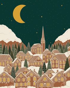 an illustration of a snowy town with houses and trees in the foreground at night