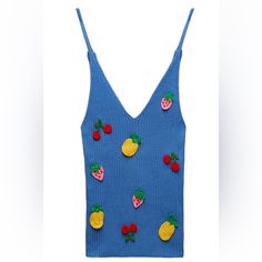 Never Worn Nwot Size M Bundle Up To Save More Trendy Blue Tops With Floral Embroidery, Summer Embroidered Knit Tops, Blue Knit Tops For Summer, Embroidered Fruit, Applique Top, Floral Bustier, Silky Top, Rib Top, Backless Crop Top