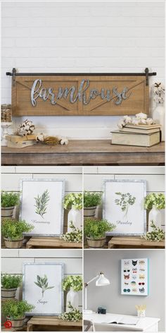 a collage of photos with plants and pictures on the shelf in front of them