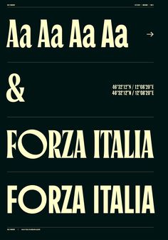 three different type of font and numbers on a black background with the words forza italia