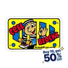 a sticker with the words cell blocks on it and a cartoon character holding a hammer