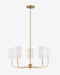 a brass chandelier with three white lamps hanging from the bottom and two on each side