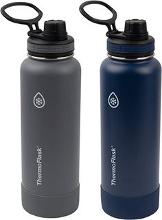 two water bottles are shown side by side, one is gray and the other is blue