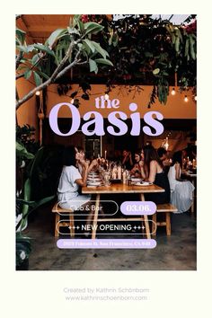 an advertisement for the oasis restaurant with people sitting at tables and talking to each other