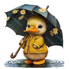 a duck with an umbrella is standing in the water