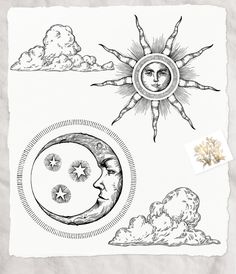 the sun, moon and clouds are drawn in ink on paper with some type of stamp