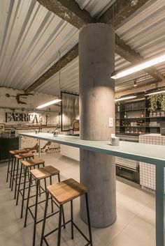 an empty restaurant with several stools and tables