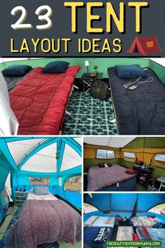 4 pictures of the interior of a tent showing different layouts. Camping Set Ups, Tent Camp Set Up Ideas, Camping Setup Ideas, Camping Trip Essentials, Camping Setup