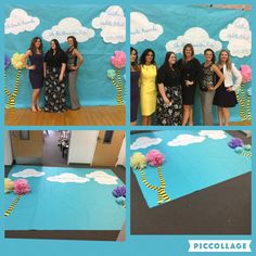 several pictures of people posing in front of a backdrop with clouds and flowers on it