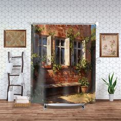 a shower curtain with an image of a window and bench in front of it on a wooden floor