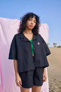 Alfie Shirt: ORGANIC COTTON & LINEN - Black – Lucy & Yak Lucy Yak, Lucy And Yak, Linen Short, Co Ords, Power Couple, Mixing Fabrics, Linen Shorts, Sustainable Clothing, Dungarees