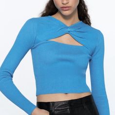 New With Tags Zara Turquoise Blue Knit Cut Out Top. Ribbed. Long Sleeves. Pullover Style. Fitted Style. Gathered Detail At Bodice. Blue Stretch Tops By Zara, Zara Light Blue Collared Top, Blue Zara Collared Top, Blue Long Sleeve Hand-knitted Tops, Zara Blue V-neck Top, Cut Out Sweater, Cut Out Top, Fitted Style, Turquoise Blue