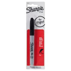 the sharpie fine pen is red and black, with a white tip on it