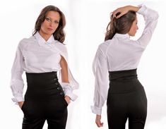 Shirt in non-standard asymetrical style Material: cotton Fabric: cotton-97%elastane-3% Details - band and collar - raglan sleeves - asymmetrical buttoned placket - buttons are on the left side to the sleeve - long sleeves  - double bouttons cuffs - dart pleated cuffs - a hole of the left sleeve SIZES: Tops and Bottoms Size XS                                                                                                  bust- around 34" / 84 cm  waist- around 24''/ 62 cm hips- around 34''/ 86 c Stretch Office Blouse With Buttons, Elegant Stretch Blouse With Buttons, Stretch Long Sleeve Office Shirt, Long Sleeve Stretch Shirt For Office, Stretch Office Shirt, Formal Stretch Top With Buttons, Fitted Asymmetrical Office Top, Formal Fitted Asymmetrical Blouse, Fitted Asymmetrical Blouse For Formal Occasions