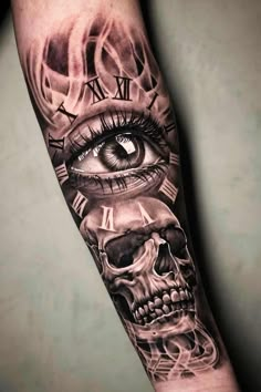 a man's arm with an eye and clock on it